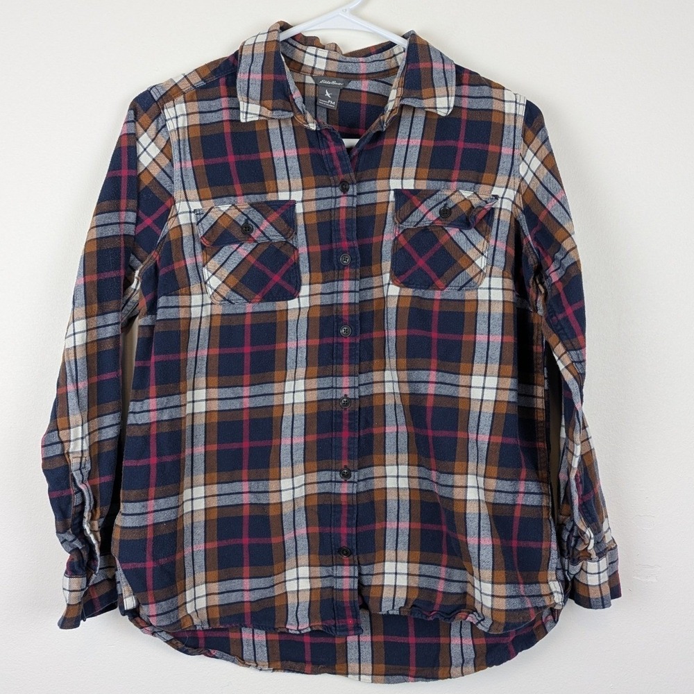 Eddie Bauer Women's PM Plaid Flannel Button Down Shirt Long Sleeve Navy Brown